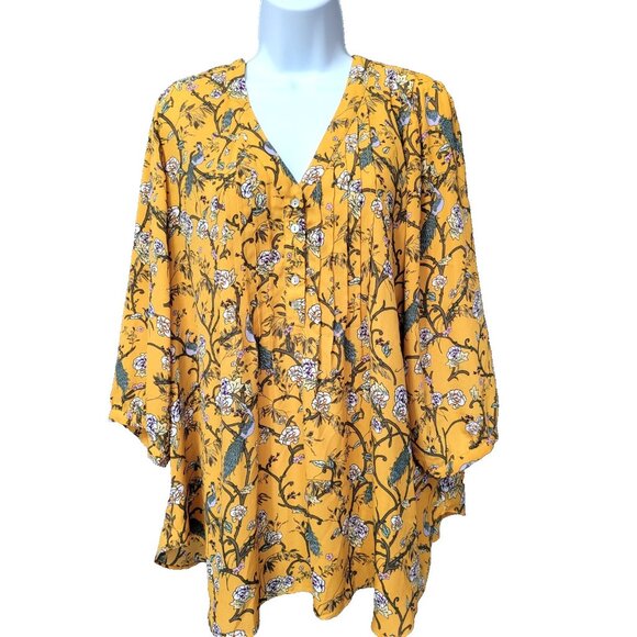Rose Olive Peasant Top 1X Yellow Peacock Artsy Whimsical 3/4 Sleeve Flowy - Picture 3 of 16